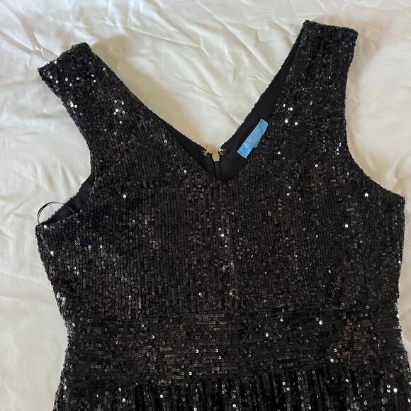Draper James Black Sequin V Neck Dress Sz 8 Holiday Party Event New Years A Line - Picture 8 of 11